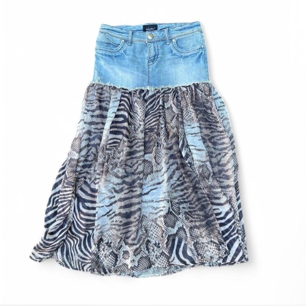 Y2K Baby Phat low rise denim boho sheer animal print midi skirt Juniors Size 7